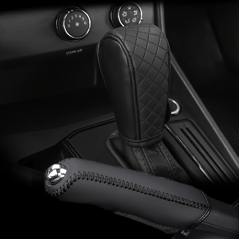 TEMU 2pcs Car Gear Shift & Cover Set - Pu Leather Anti-slip Shift Knob & Handle Covers, Suitable For All Vehicles, Wear-resistant For Manual