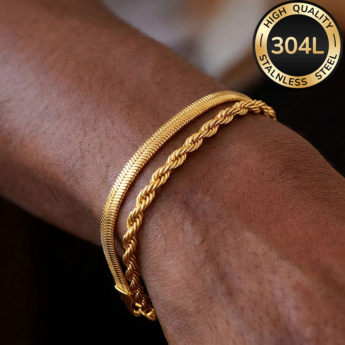 TEMU Lot de 2 bracelets de haute qualité en acier inoxydable 304L plaqué or 18K, étanches et résistants à la décoloration, adaptés aux ensembles de