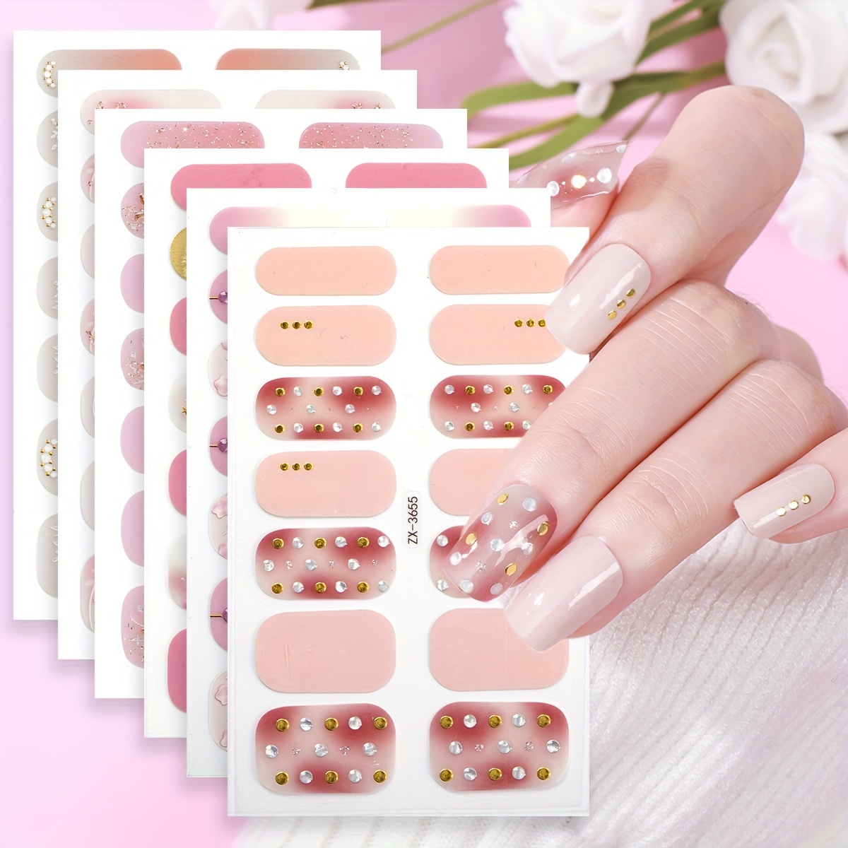 

6-piece Sparkling 3d Art Stickers - Pink Star & Moon Designs, Self-adhesive Full Coverage Decals For Easy Diy Manicures