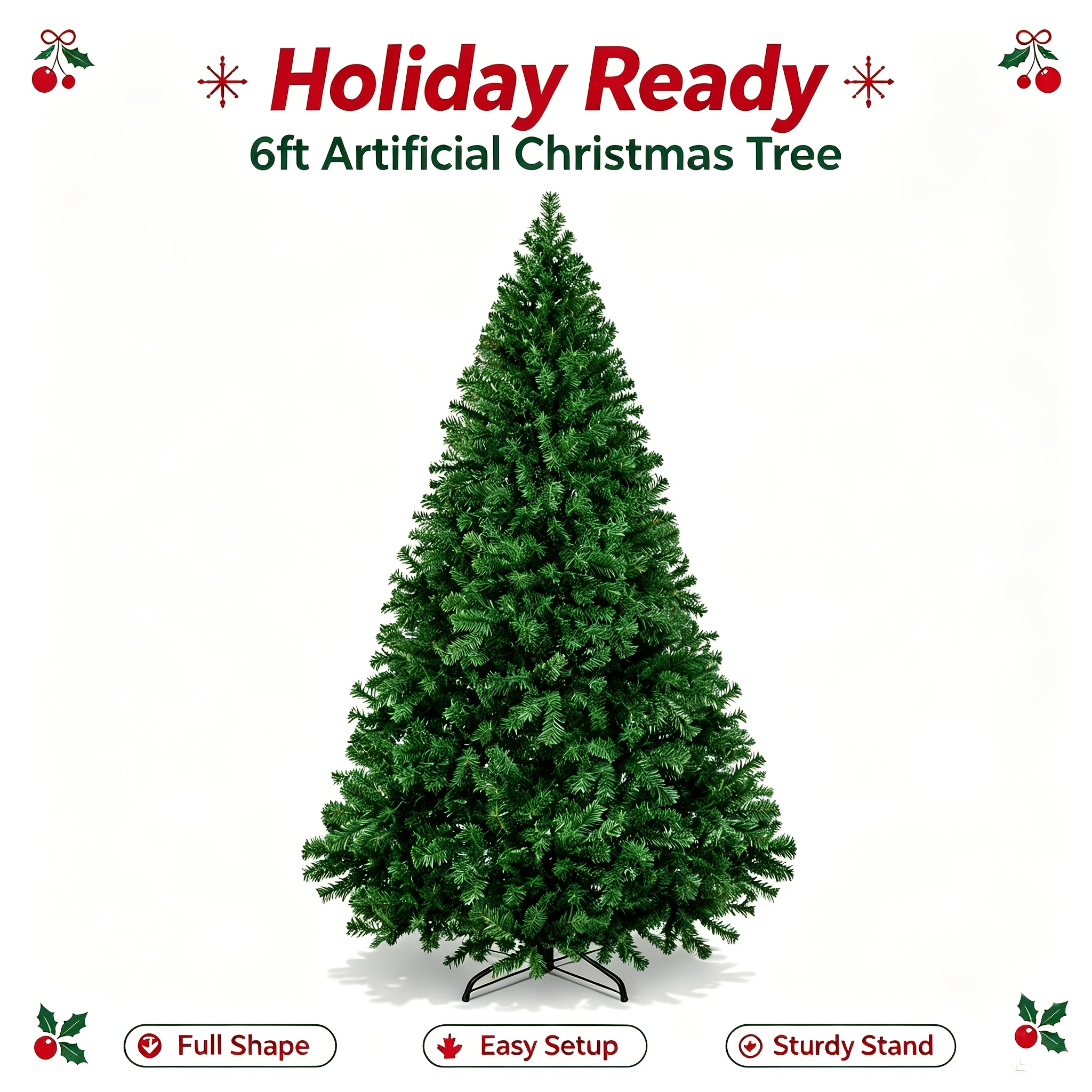 TEMU 5-6 Feet Unlit Artificial Christmas Tree, Hinged Branches Design, Dense Realistic Pine Needles, Setup, With Metal Base, Indoor Home Xmas Holiday