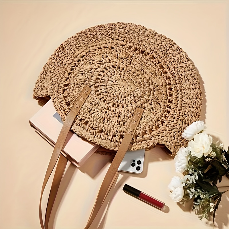 large capacity woven straw tote bag beige brown   beach vacations summer   and casual use beach tote bag elegant casual bag woven straw construction beach bag details 7