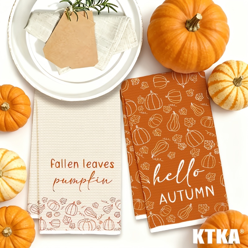 TEMU Cleaning Cloth 2pcs Kitchen Towel Set, Fallen Leaves Pumpkin "hello Autumn" Pattern Print Autumn Kitchen Towels, , Kitchen Towel, Tea Towel,