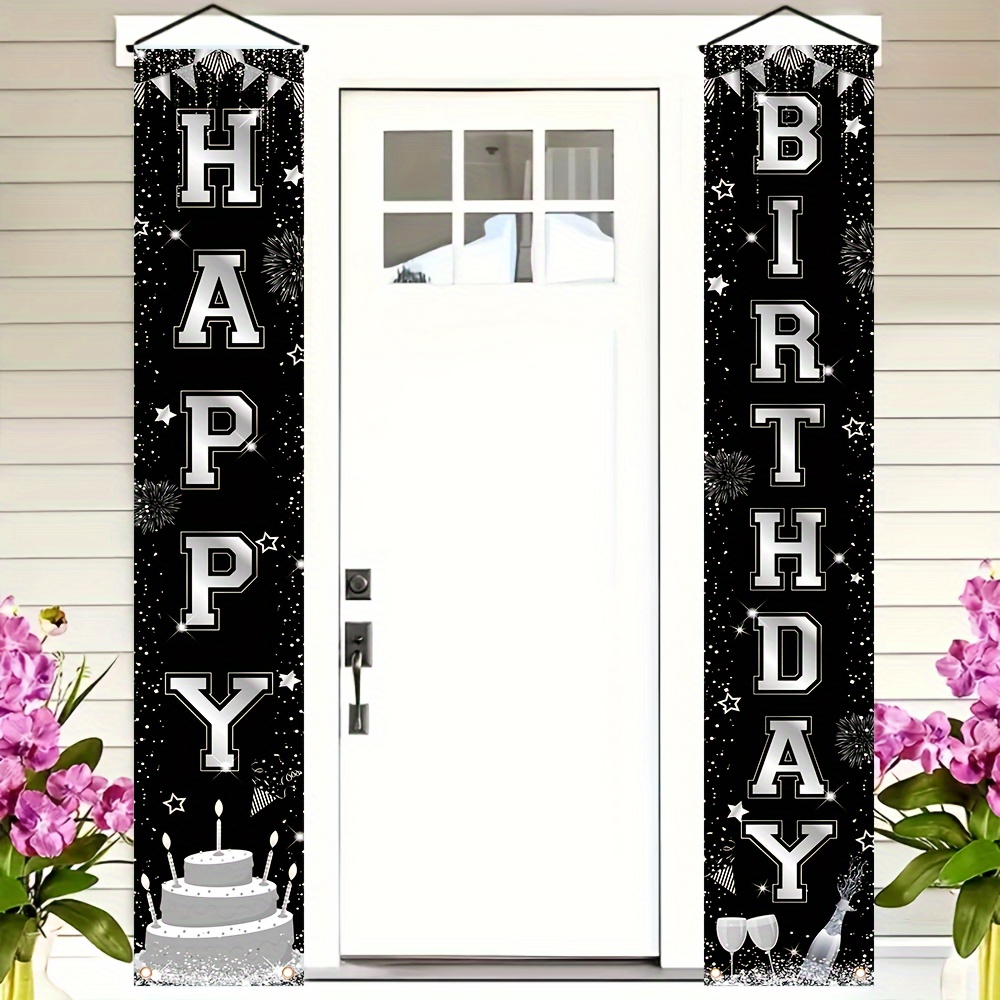 

1 Pair, Happy Birthday Courtyard Logo Door Banner, 180cm * 30cm/70.8 In * 11.8 In, Black And Silver Happy Birthday Porch Logo Party Supplies, Birthday Party Decoration Indoor Outdoor Porch Decorations