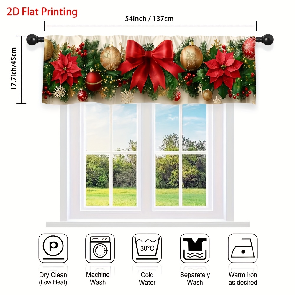 TEMU 2d Flat - 2d Flat - 1pc Of Decorative Christmas Garland Valance Curtain With A 2d Flat Print And Rod , Easy To Set Up, Suitable For Kitchen,