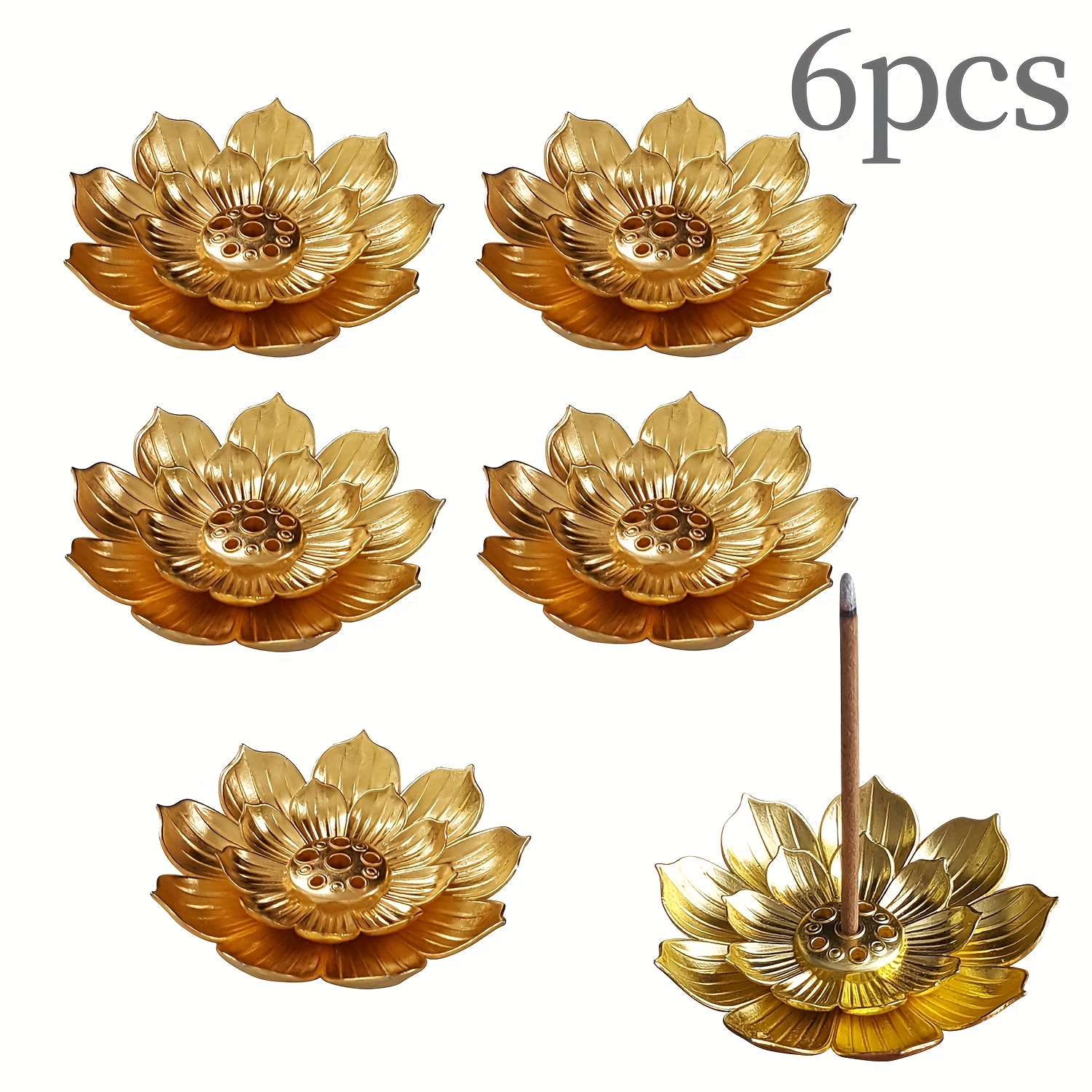 TEMU 6pcs Gilded For Lotus Incense Holder Set - 2-tier Golden For Lotus Incense Holder, Of 6 For Home, Office, Hotel, , Temple, Room Decor, Camping, Garden, Patio, Classic Dinner Prop