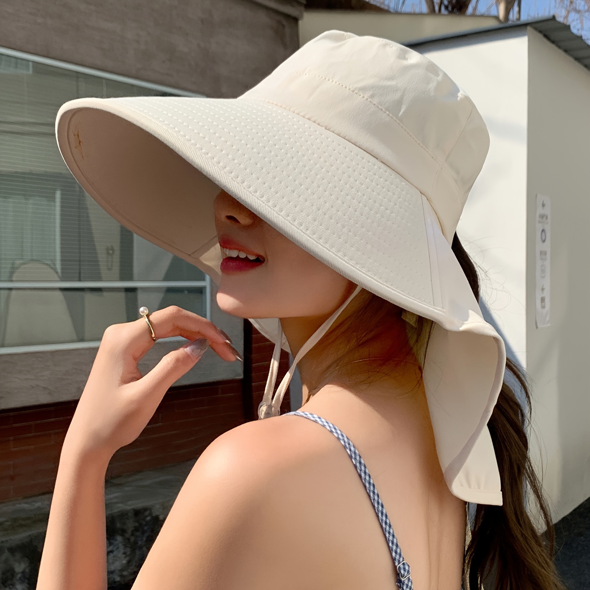 Women Ponytail Bucket Hat Neck Flap Adjustable Lanyard Solid - Temu