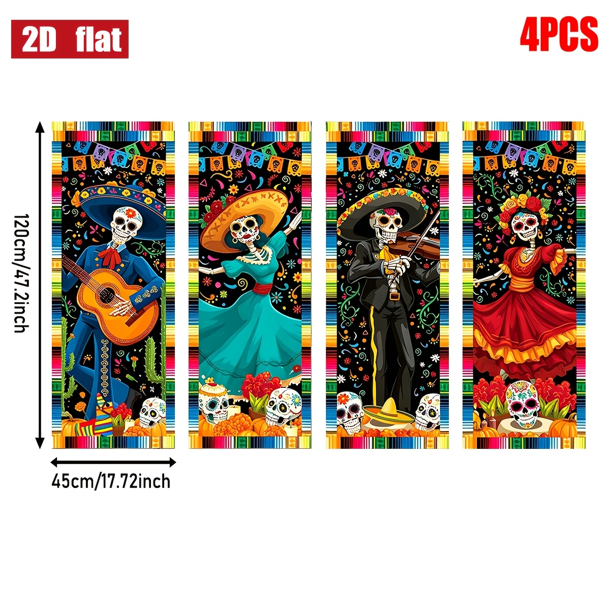 TEMU Plat 2D, Bannière Plate 2D, 4pcs Bannière Murale en Tissu Squelette Dansant Dia de Los Muertos, Tapisserie Murale Imprimée avec Crâne à Sombrero