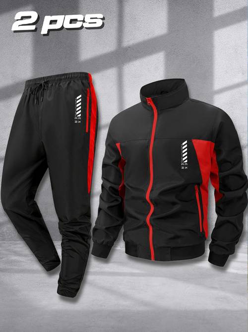 mens spring autumn casual contrast athletic set zip up jacket and elastic jogger pants print style lightweight fitness outdoor top and combination