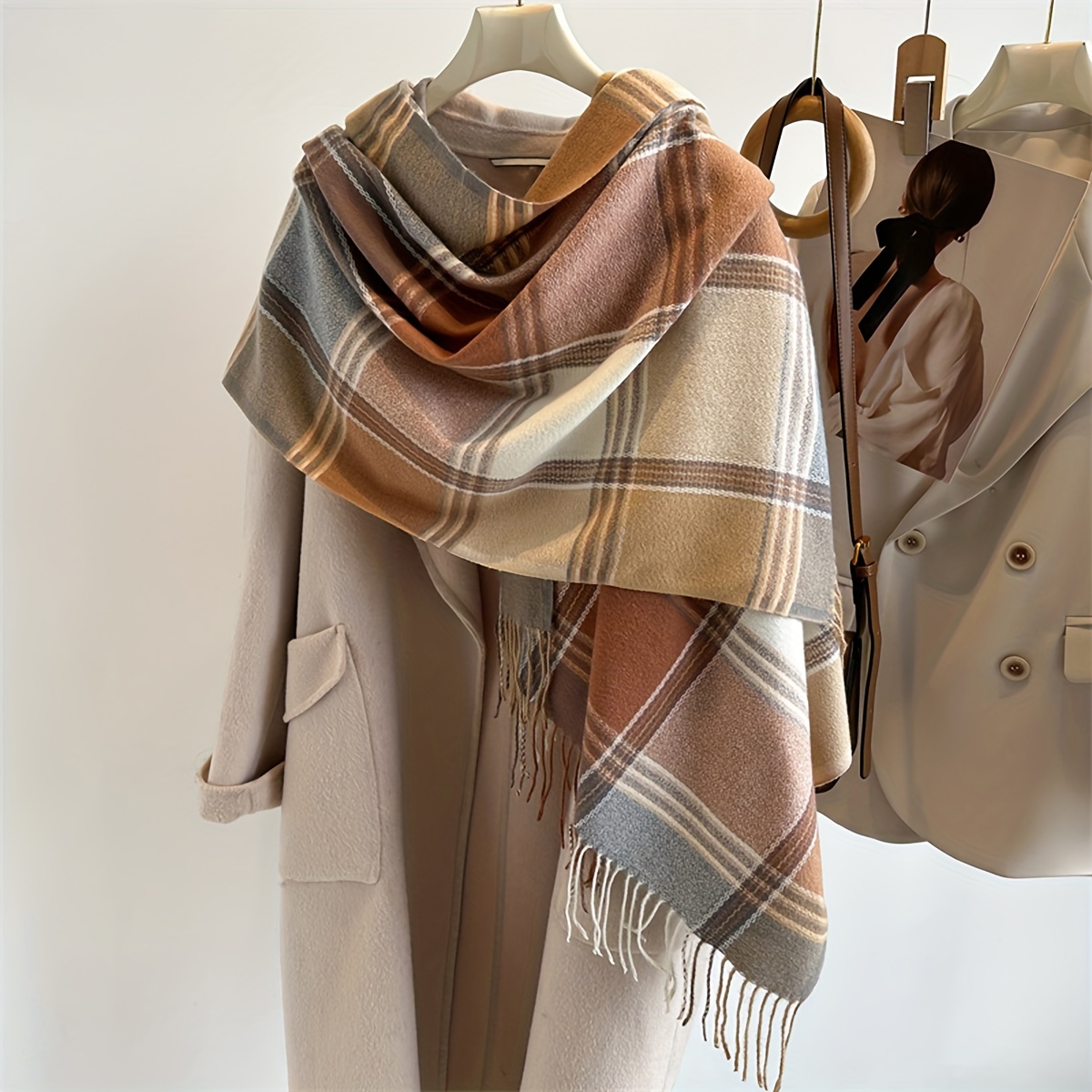 

1pc Cozy Scarf - Warm, Cashmere Shawl With Tassels, Autumn & Winter - /brown/white, Winter Scarf