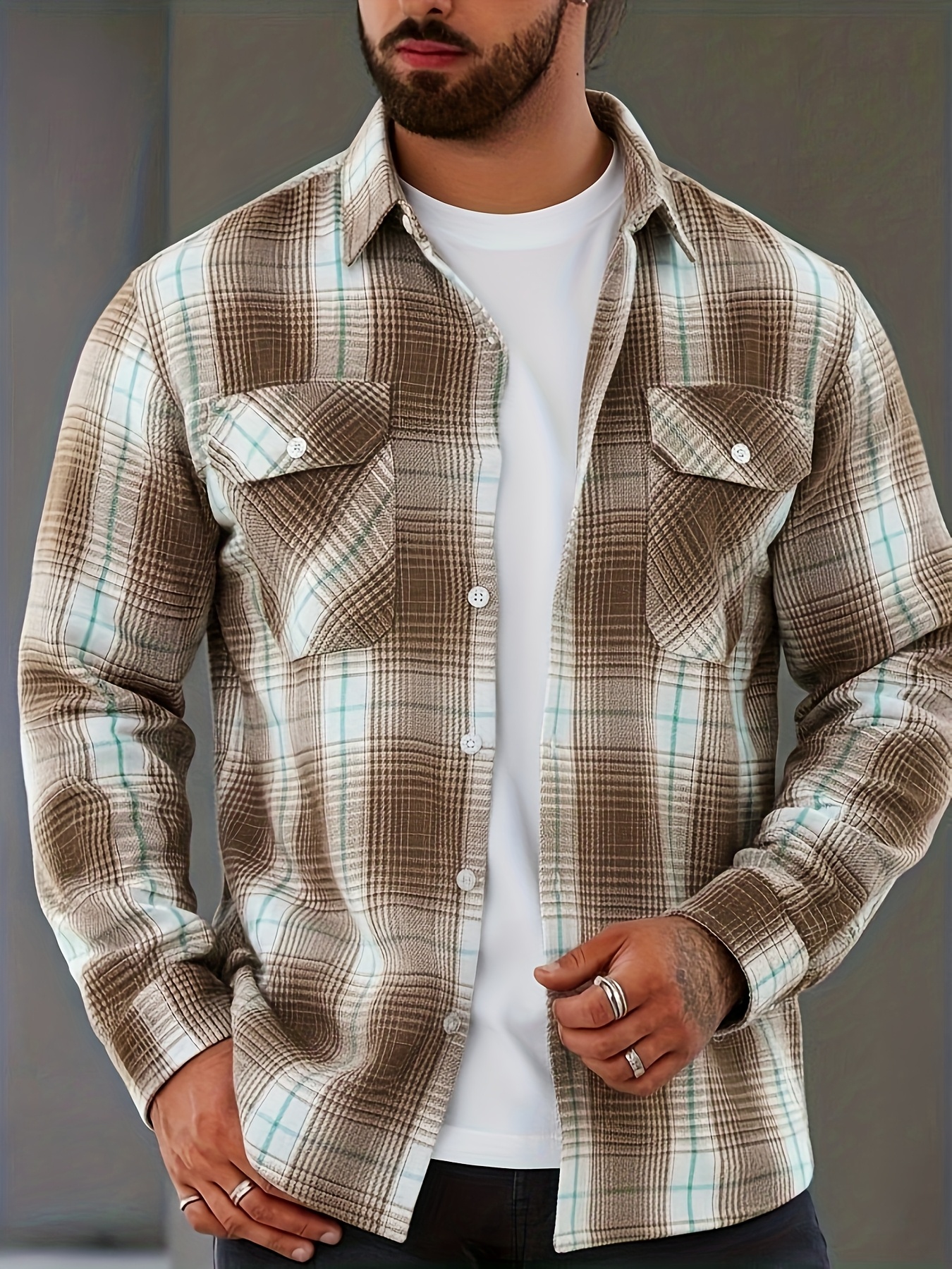 Chemise à Carreaux Homme — Vintage & Décontractée Chemise Vintage à Carreaux Verts et Marron pour Homme, Style Décontracté à Poches Doubles pour Printemps/Automne, Haut Polyvalent, Design Rétro à Carreaux, Coupe Détendue, Lavage à la Main, Tissu Non Élastique, Chemise Homme, Coupe Régulière, Pour Passionnés de Vêtements de Travail, Tenue Décontractée, Taille Chinoise, Veuillez Consulter Attentivement le Guide des Tailles