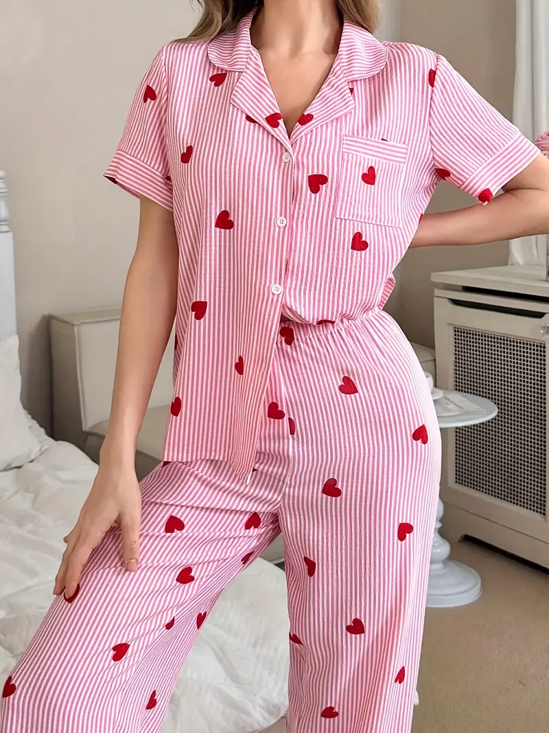 heart shaped printed pajama set short sleeved button shirt and stretch trousers polyester pajama set machine washable Product details 0