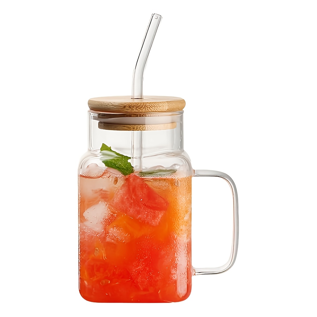 

1pc, 17.4oz/510ml Glass Cups With Bamboo And Straw, Iced Coffee , Summer Drinkware, Birthday Gifts, Suitable For Restaurants/cafes