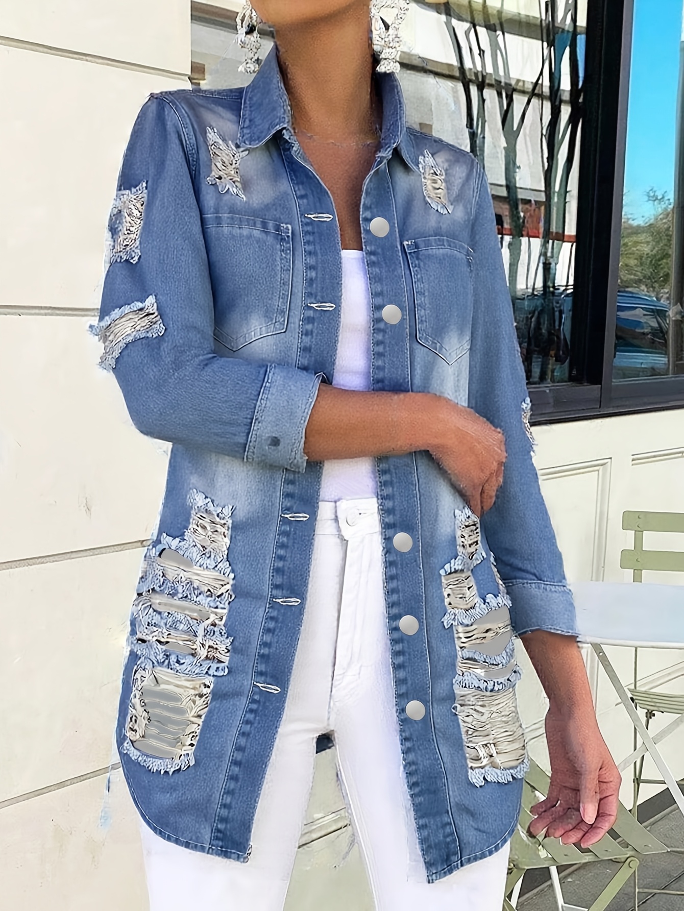 Women's Classic Retro Distressed Denim Jacket Long Sleeve, Button-* Torn  Hem Cuffs, Dark Blue Denim Casual Casual Attire