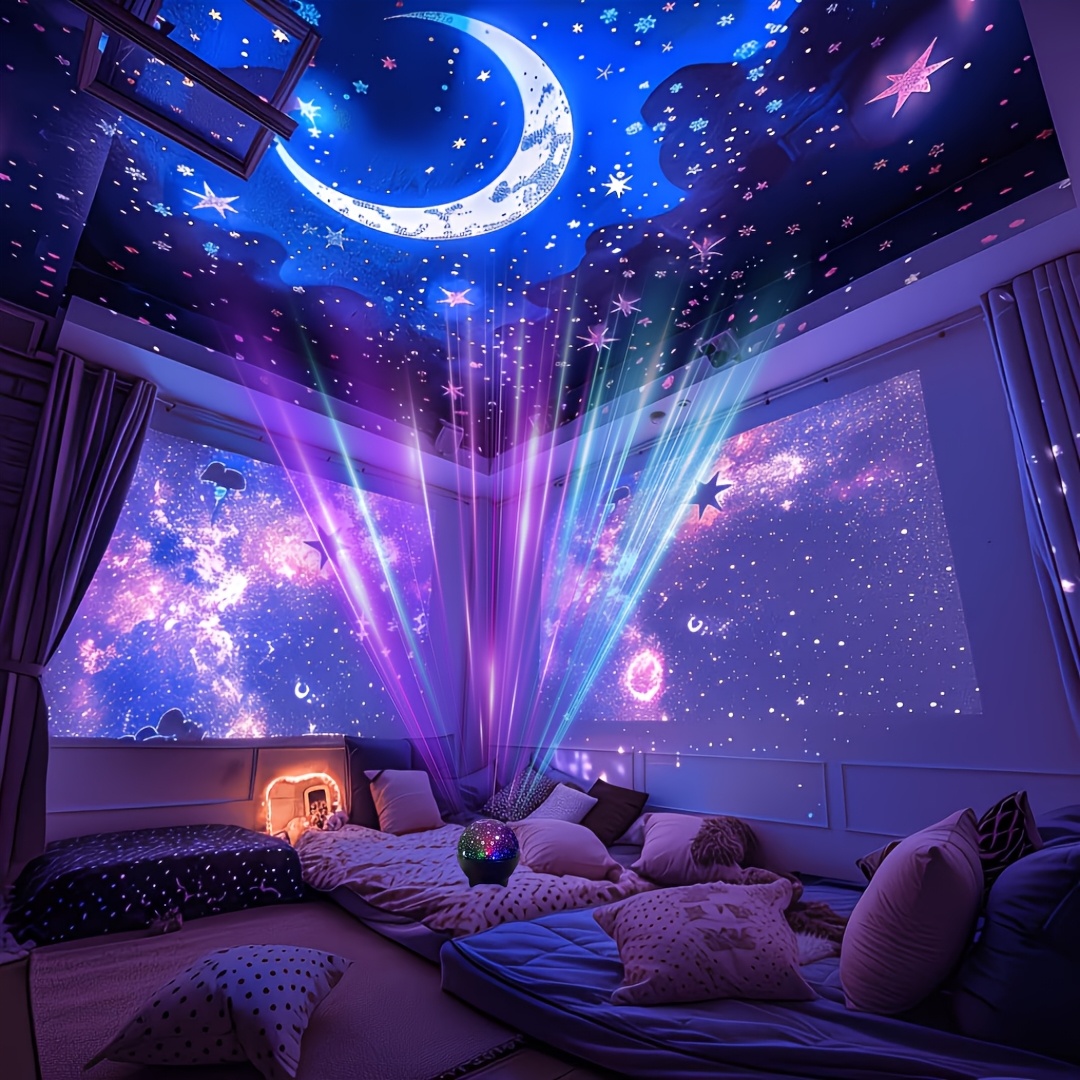 TEMU Veilleuse de projection Étoile et Lune - Lampe à gradient de 7 couleurs - Lampe décorative de bureau pour chambre, salle de jeux, salon - Pas de