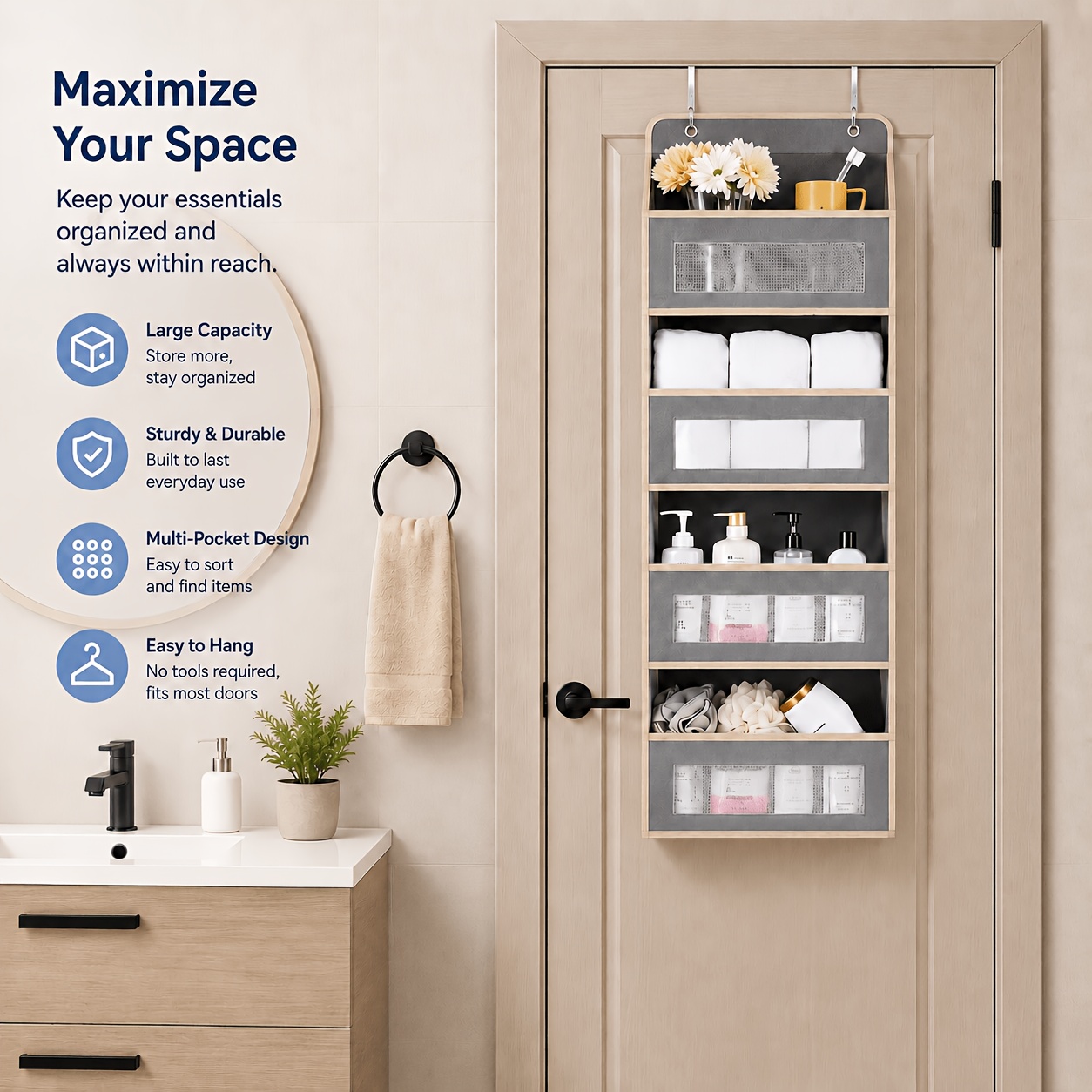 TEMU Over The Door Organizer Large Capacity Storage Rack, Wall Mounted Hanging Organizer With Multiple Pockets, Create Extra Storage Space & To