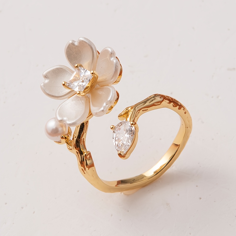 TEMU Elegante Anillo de Flor de Perla Ajustable, Joyería Elegante de Flor, Regalo Viral Único para Mujeres