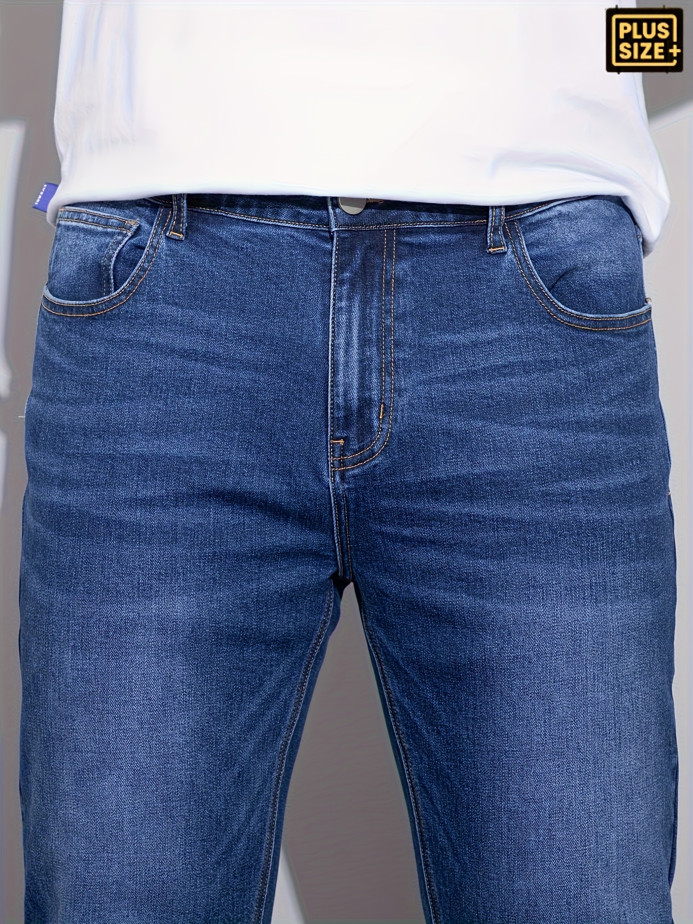 Men'S Plus Size Comfort Stretch Straight-Leg Jeans - Light Blue Washed Denim, Loose Fit Casual Pants with Button Closure, All-Season Wear, Comfortable Clothing | Straight Leg Jeans | Medium Elasticity