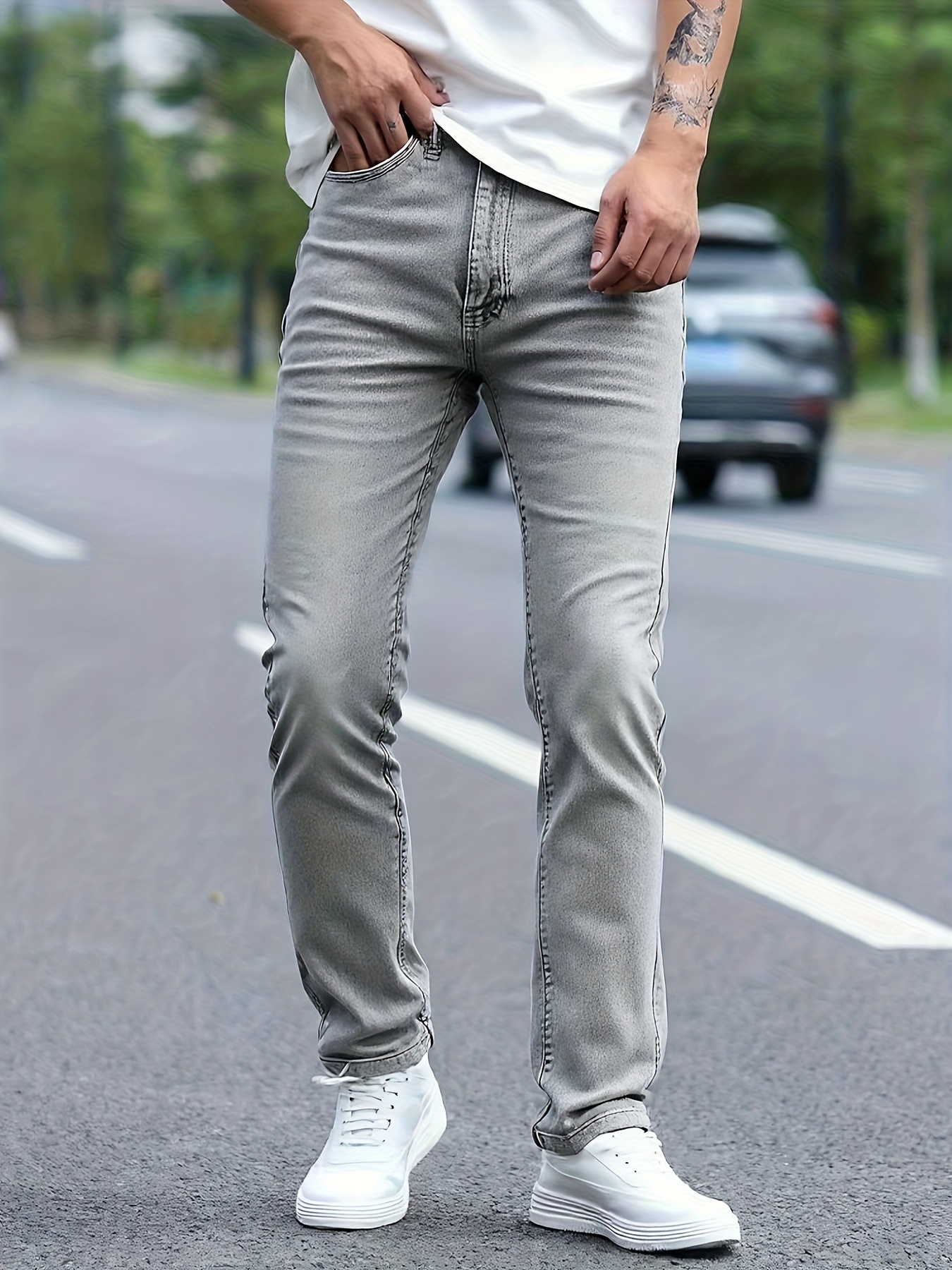 Slim Fit Jeans with Ripped Design, Casual Street Style Denim Pants for Men, Mid Stretch for Spring And Summer