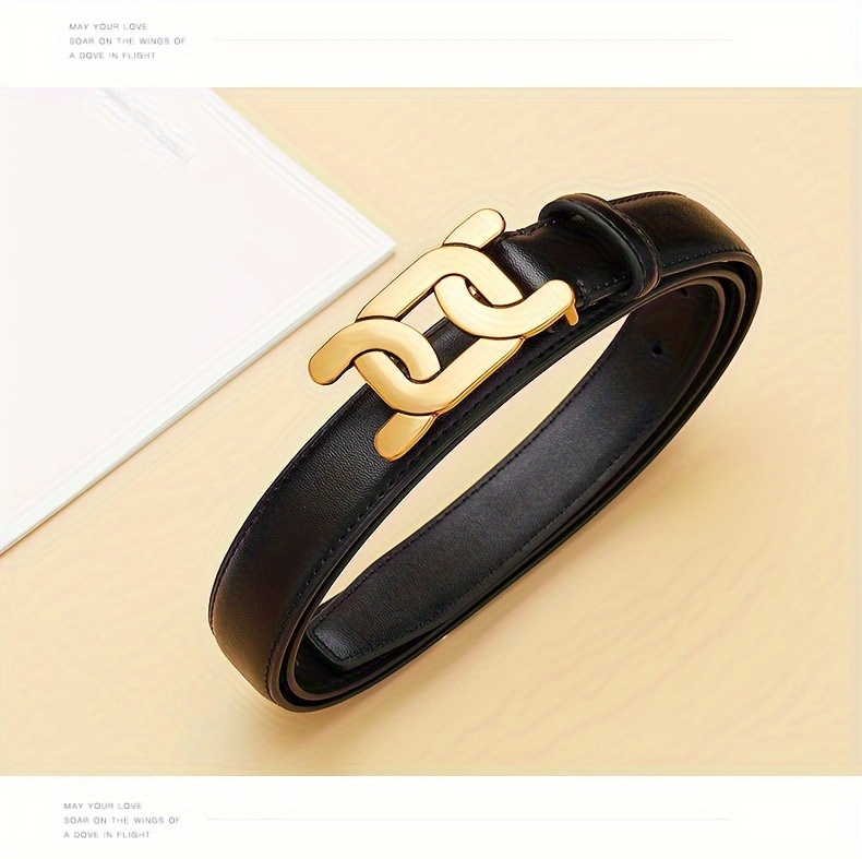 golden thin genuine leather belt monochrome waistband - Temu