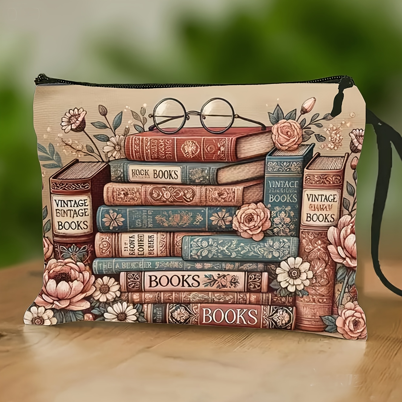 TEMU Book-themed Zippered Pouch Suitable For Students, Teachers & Book Lovers - & Flower, Lightweight Zipper Case, Machine-washable Portable Token