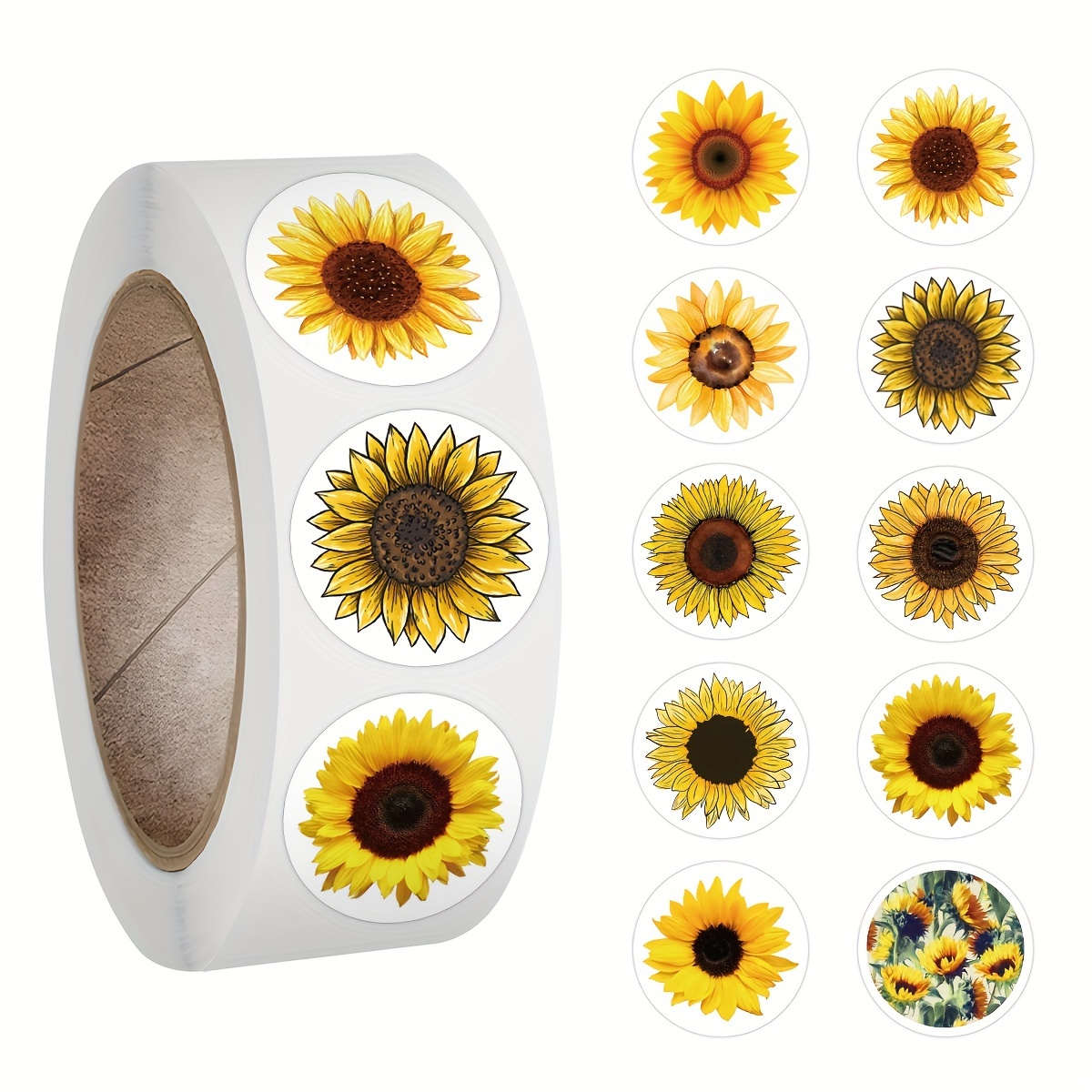 

500pcs Sunflower Stickers Roll, Plant , English Text, Paper Material, For Scrapbooking, Journal Decoration, Laptop, Skateboard, Water Bottles, Phone Decals