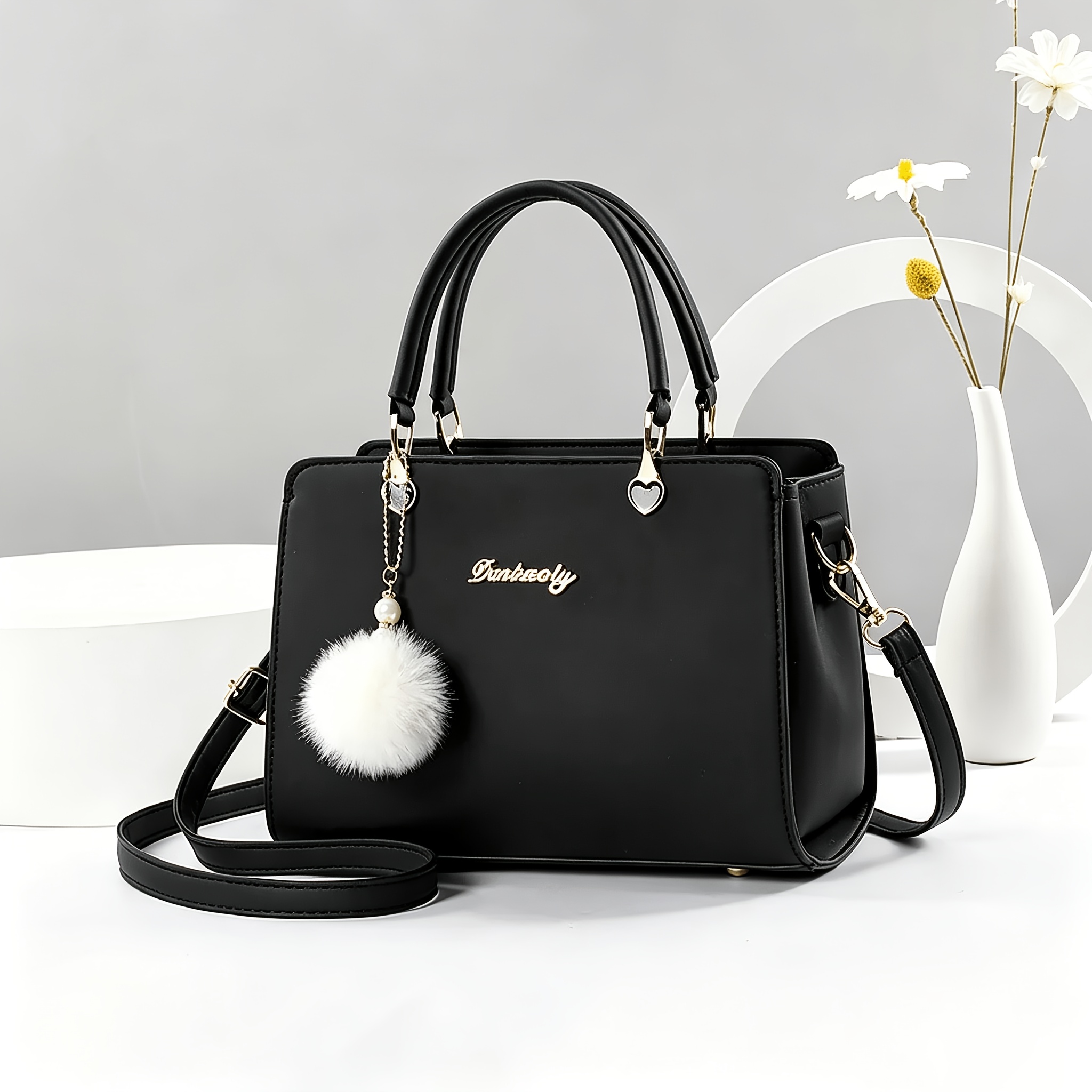 Image of Pom-pom Decoration Solid Small Handbag, Women's Crossbody Bag, Suitable For Dates And Office Workers
