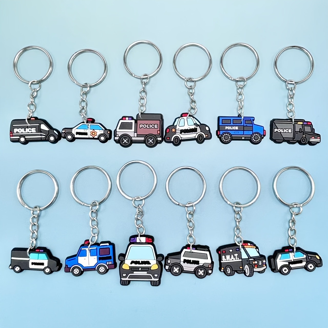 

12pcs Set Cartoon Police Car Pvc Keychains, Soft Rubber Key Rings, Professional Theme Keychain Accessories For Party Favors, Birthday Gifts, Bag & Wallet Charms, No Power Required