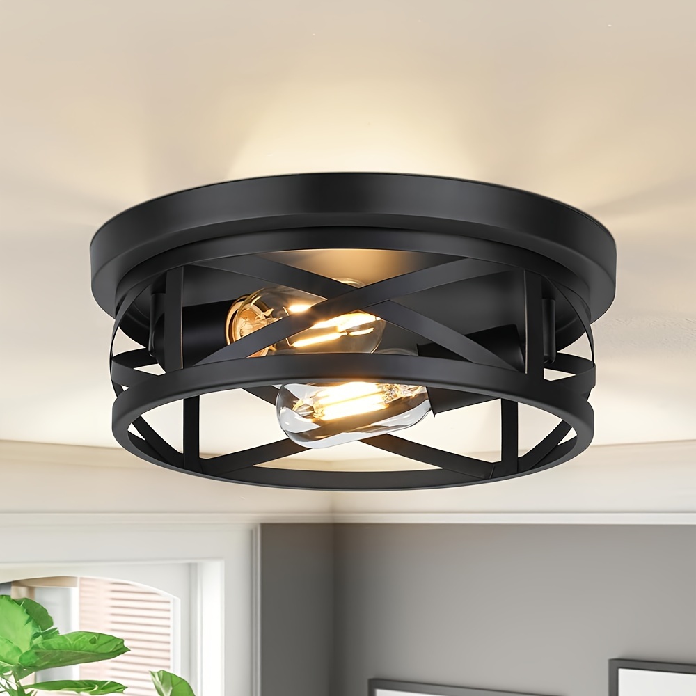 Industrial Glass Flush Mount Ceiling Light - Clear Glass Shade Black Farmhouse Fixture