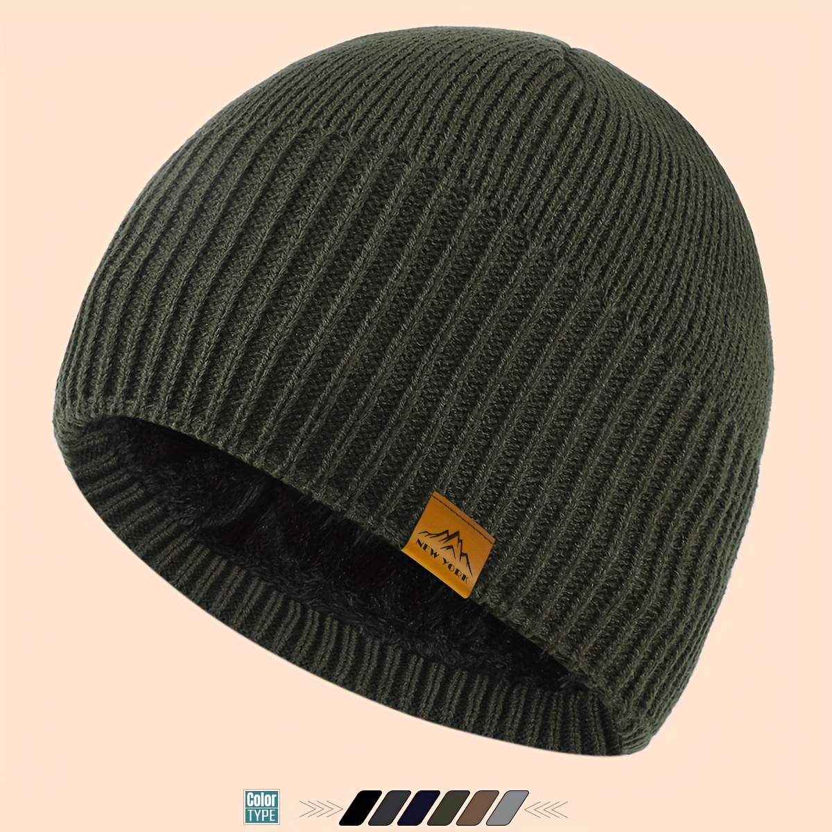 TEMU 1pc Autumn/winter Warm -lined Hat With Mountain Logo Tag, Brimless Beanie For Men And Women, Loose And Comfortable Women's Hat, Cold Weather