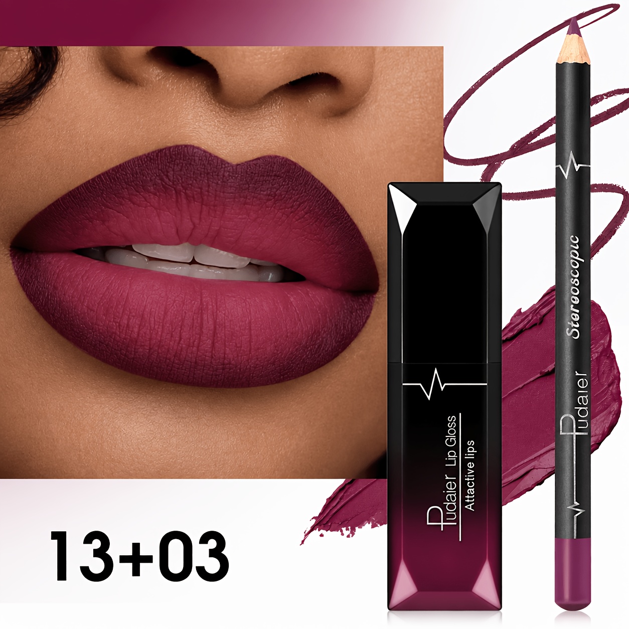 TEMU Pudaier Lipstick Matte Lip Combo Two-piece Lip Gloss Set - Waterproof Long-lasting Lip Liner, Lip Liner Suit Matte Lipstick Lip Oil, Glossy