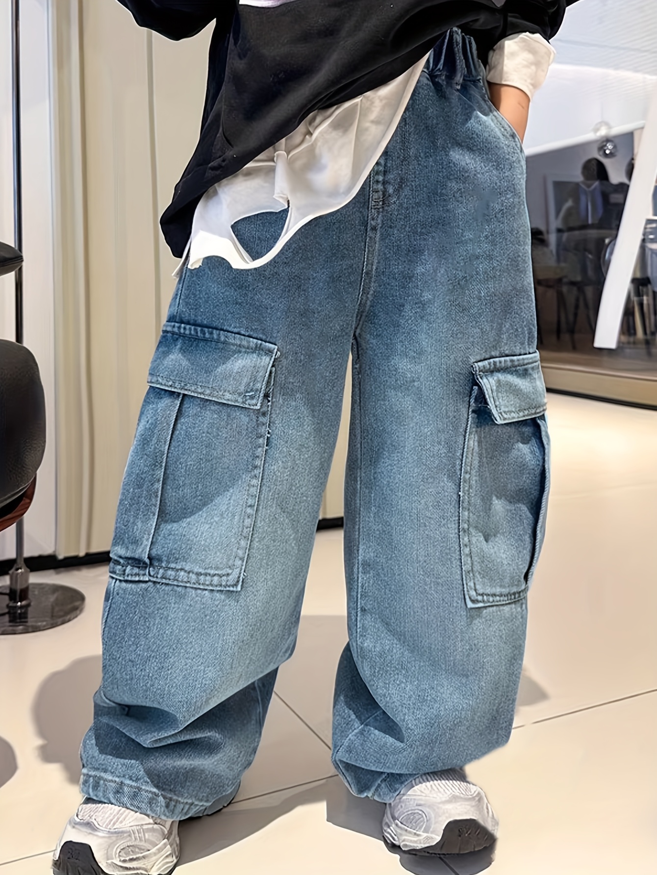 OUMSHBI Boys Jeans For Teenager Kids Denim Pants With Pockets Straight Wide Leg Y2K Vintage Baggy Trousers Casual Elastic Waist Streetwear Boys Denim