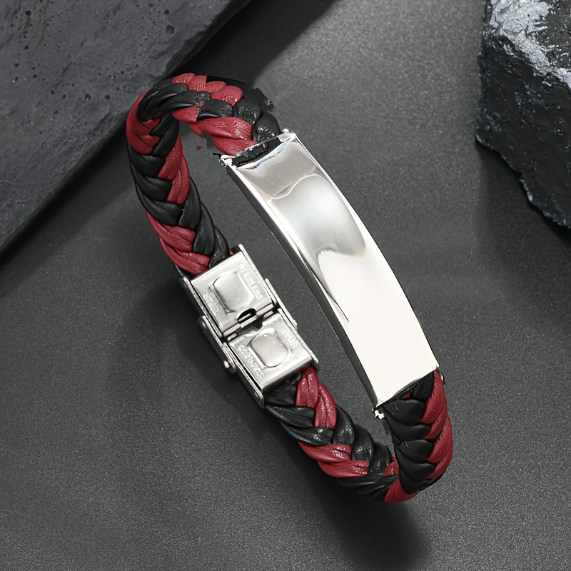 Personalized Braided Leather Bracelet with Engraved ID for Men Women