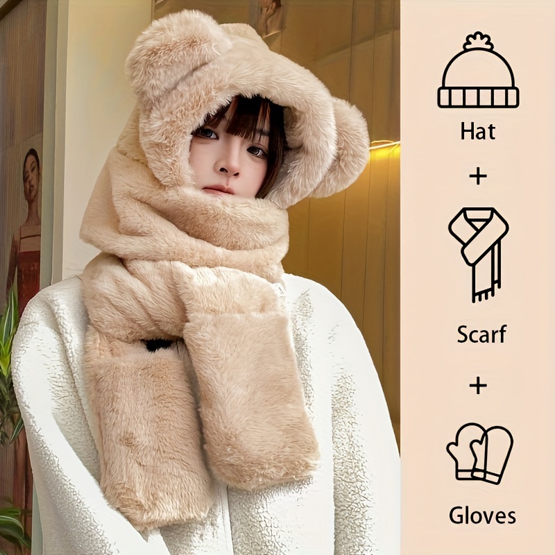 

Cozy 3-in-1 Winter Hat, Scarf & Gloves Set - Plush Fur Beanie With Cute Ears, Neck Warmer, And Touchscreen-compatible Mittens For Women