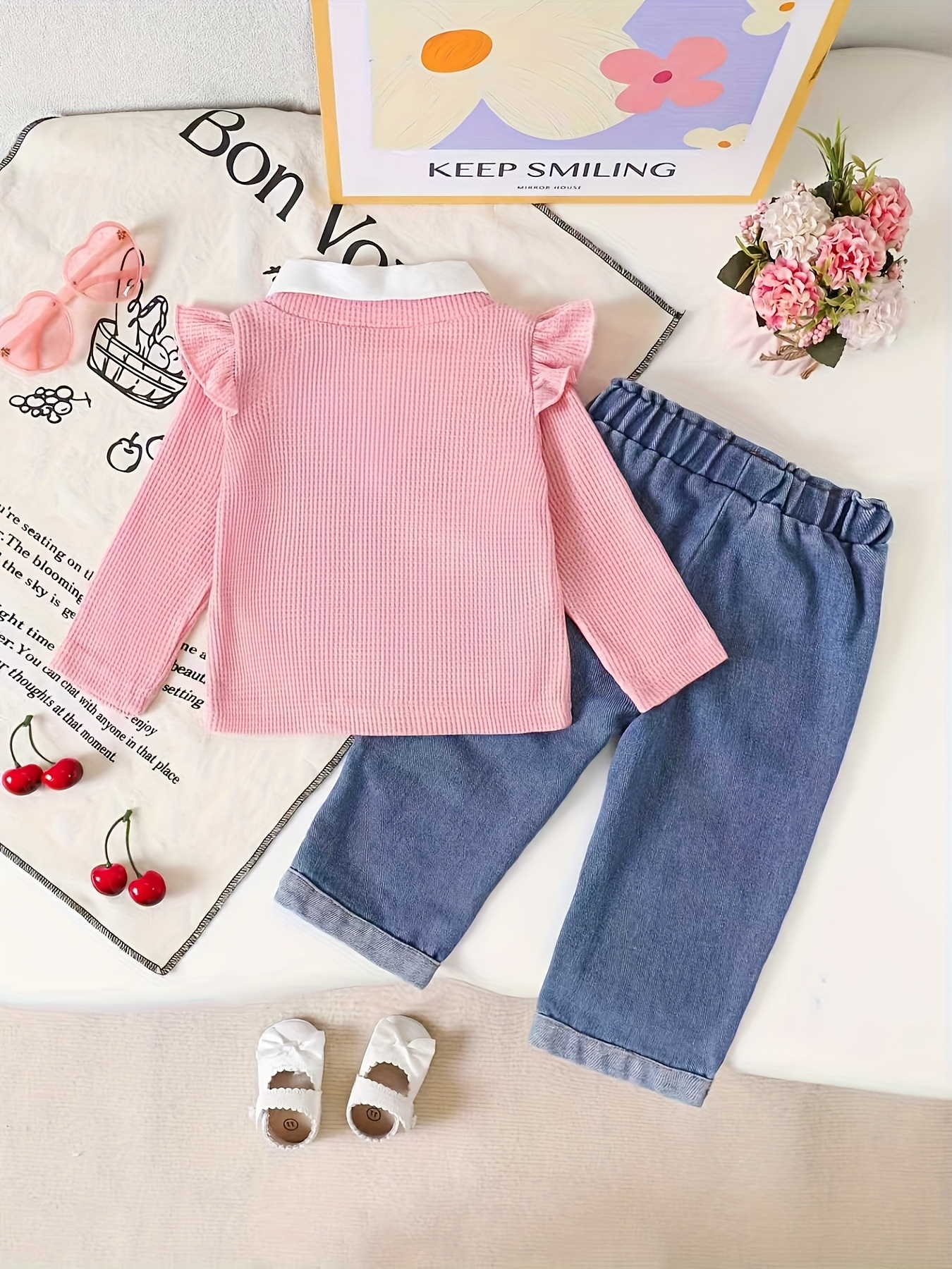 spring and autumn casual sweet and   for baby girls a pink waffle collar faux two piece top   with cherry embroidered straight leg elastic waist faux denim set   everyday   and play for outdoor Product details 0