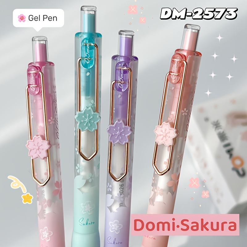 E-shop 4 Stk. Domi SAKURA schwarzer Gelstift, schnelltrocknend, geschmeidig, 0,5 mm, Blumen-Stiftclip, weicher Griff