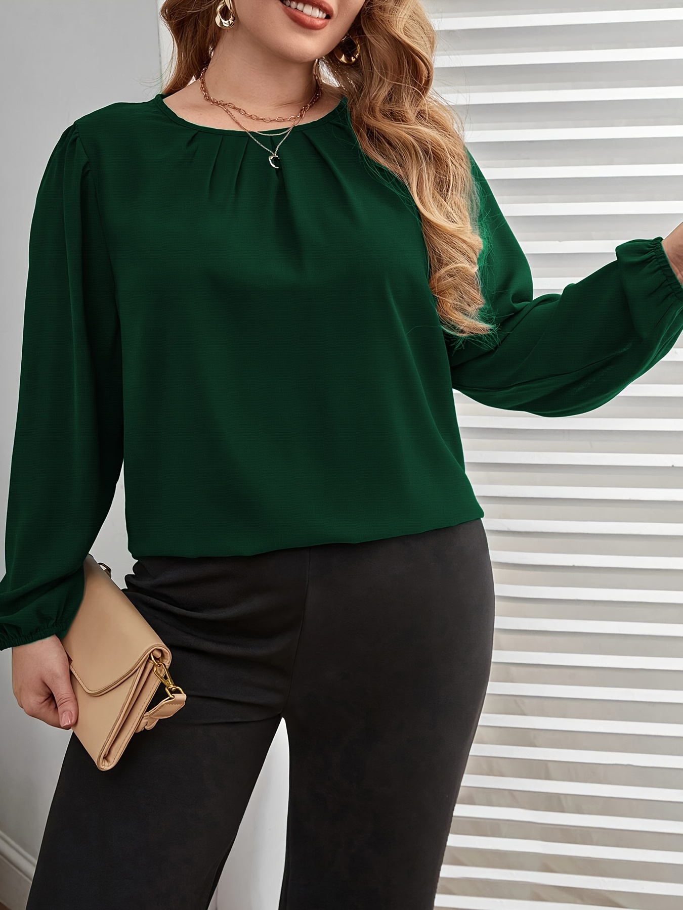 Plus Size Elegant Green Long Sleeve Blouse for Women Ruched Detail,  Crew Neck, Non-Stretch Fabric Spring Fall, Casual to Formal Wear,  Ladies