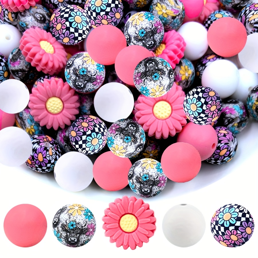 

25pcs Silicone Beads Assortment, Mixed Patterns, Pink Sunflower & Daisy, Cow Print, For Keychains, Bracelets, Necklaces, Jewelry Making Accessories