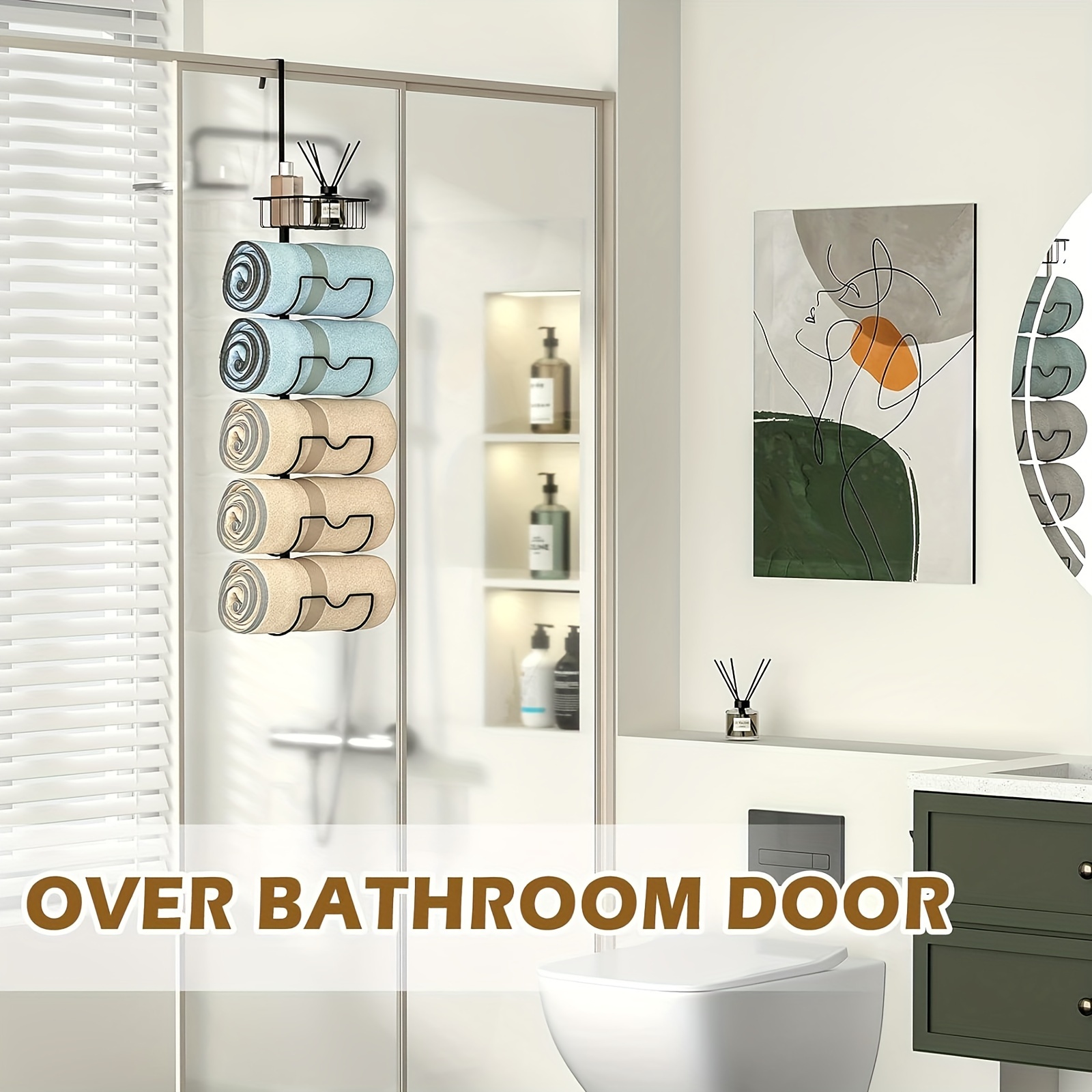 TEMU 6-tier Over The Door Towel Racks For Bathroom, Wall Mounted Towel Holder With Metal Shelf, Adjustable Hanging Rolled Towels Organizer Door Towel