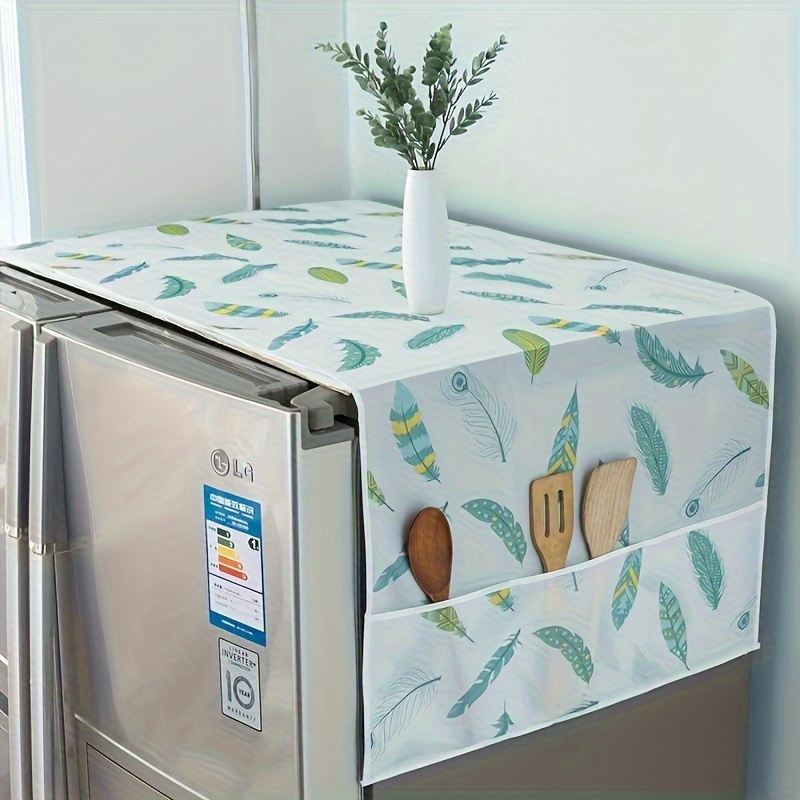 1pc Youlong Multi-Function Refrigerator Dust Cover with Pocket, 128.02 x 52.07 cm, Modern Decorative Fabric Storage Organizer for Home and Kitchen Use, Green Leaf Pattern, PET Material, Appliance Top Protector | Decorative Storage | Pet Material Cover