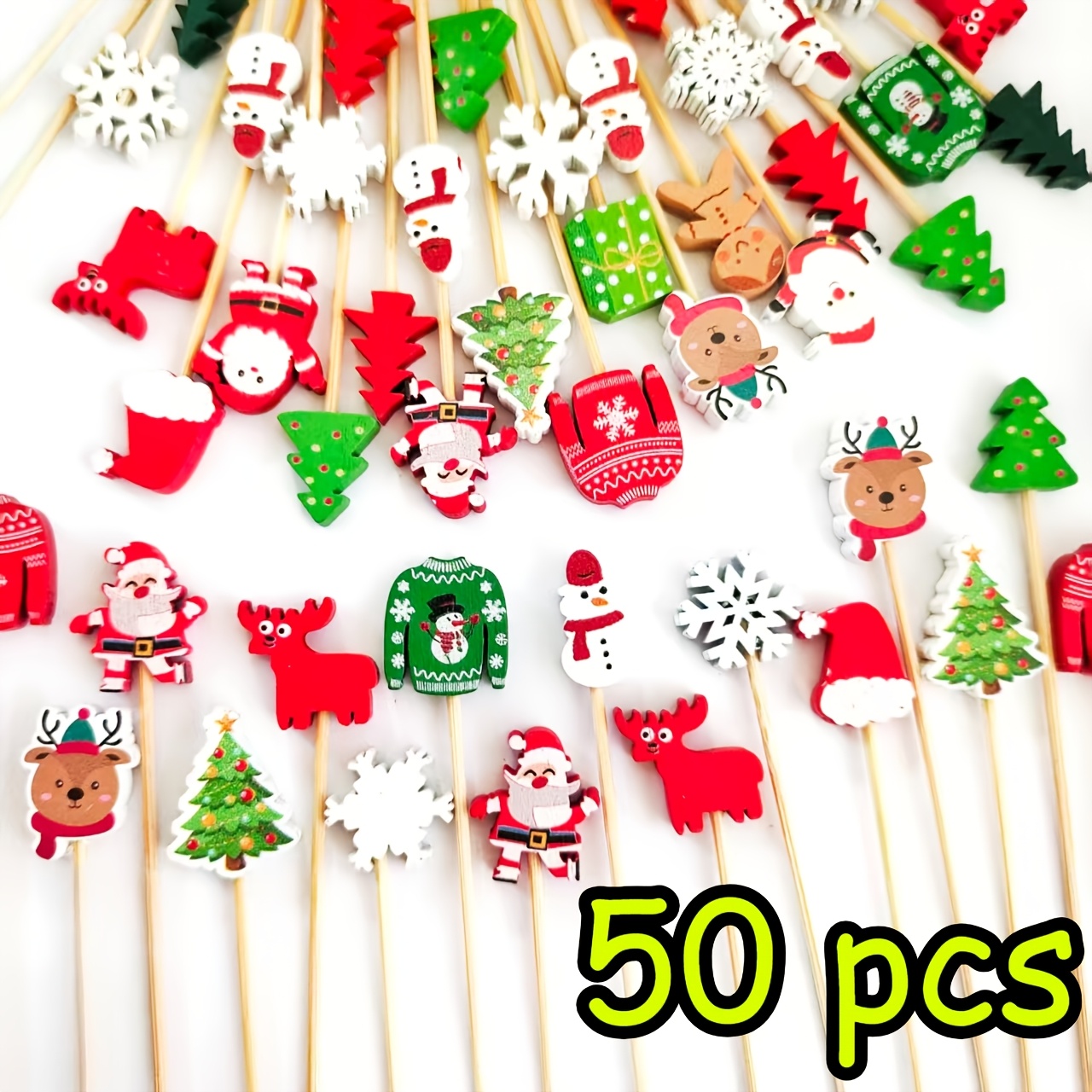 TEMU 50pcs Christmas Sticks, Picks, Drink Garnish, Bar Decoration, Appetizer Toothpicks, Bamboo Fruit Skewers For Charcuterie & Cupcake, Christmas