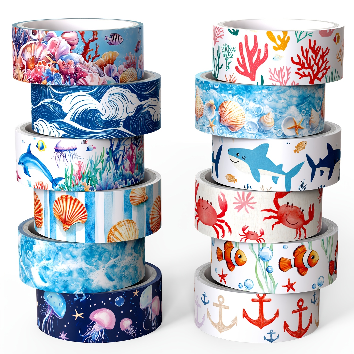 Image of Ocean-themed Washi Tape Set, Featuring 12 Rolls With Designs Of Jellyfish, Clownfish, Sharks, Shells, And Coral In Blue, Perfect For Journaling, Scrapbooking, Arts And Crafts, And Gift Wrapping