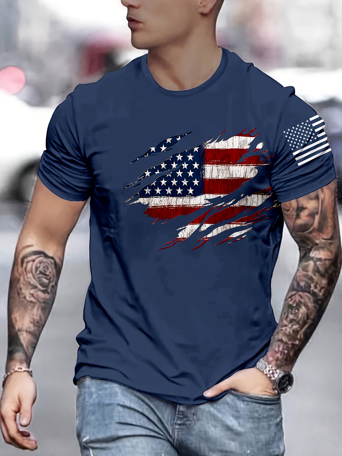 Men's Flag Graphic Print T-Shirt Casual Short Sleeve Crew Neck Tee Men's Clothing For Summer Outdoor