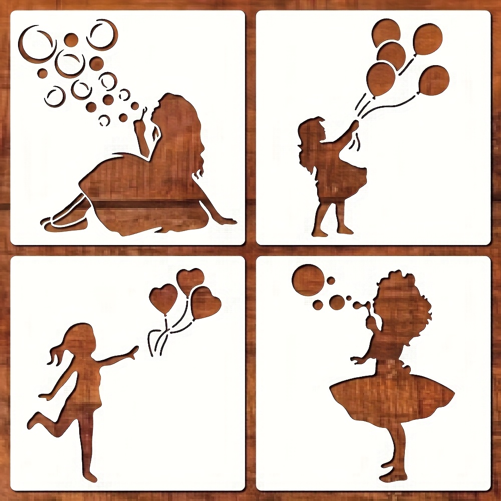 4pcs Reusable Plastic Templates Suitable For Balloon Girls And Hearts - Diy Wall Art, Wooden Signs, Canvas, Scrapbooks, And Furniture Decoration - Painting And Handicraft Projects