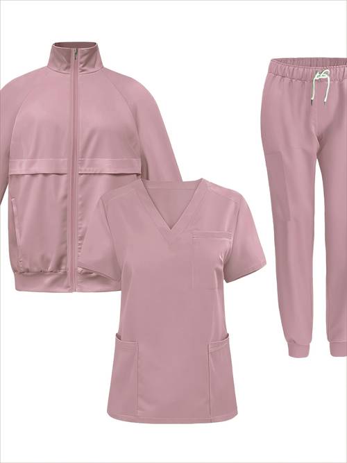 3-teiliges set in unifarben, v-ausschnitt scrub-oberteil & hose mit kordelzug & reißverschluss-jacke, damenbekleidung