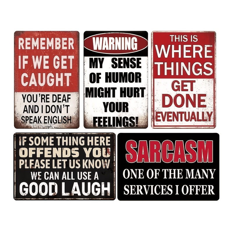 TEMU 5pcs Vintage Sarcastic Humor Metal Signs Set, Funny Sarcasm Wall Decor Retro Tin Plaques With Sarcasm & Funny Warning Quotes For Man Cave,
