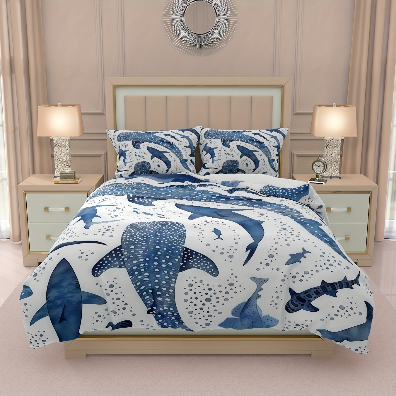 Image of Ocean Theme Blue And White Whale Pattern Duvet Cover Set, Soft Comfortable Fabric, Machine Washable, Modern Bedroom Decor, Use, Perfect Coordination Of Duvet And Pillowcases, Stylish Home Styles