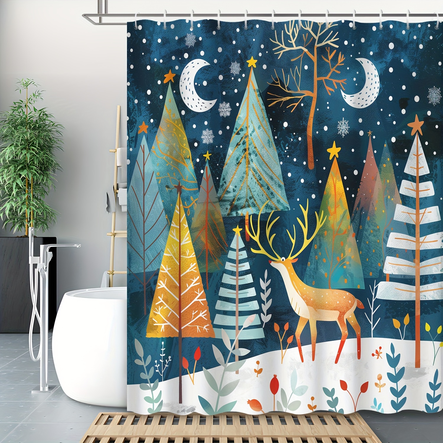 

Christmas Festive Animal Print Shower Curtain Set With Hooks, Water-resistant Moose & Trees Polyester Bathroom Decor, Grommet Top, Machine Washable, Unlined, Woven Weave - Seasonal Wildlife Theme