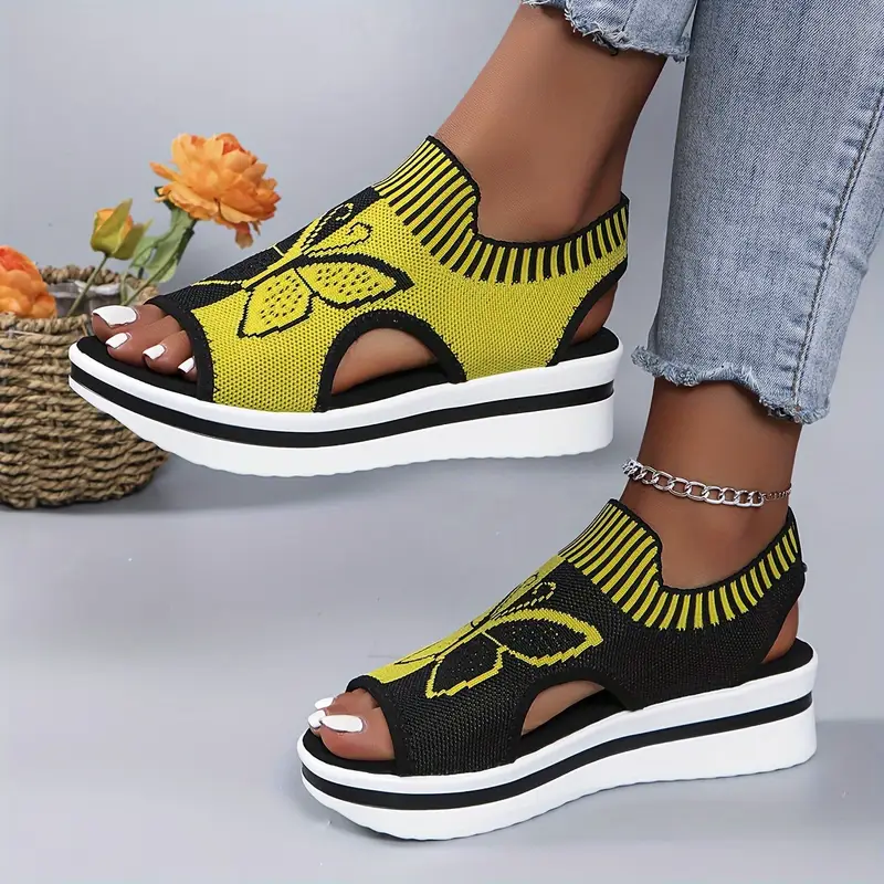 womens color knitted sandals platform slip on walking comfort shoes butterfly wedge stretch shoes details 5