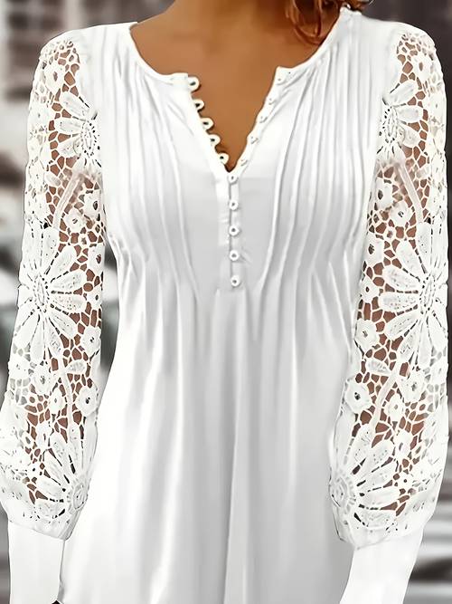 european and american spring and autumn fashion new womens lace lace sleeves pressed pleated solid color t shirt base shirt button shirt blouses