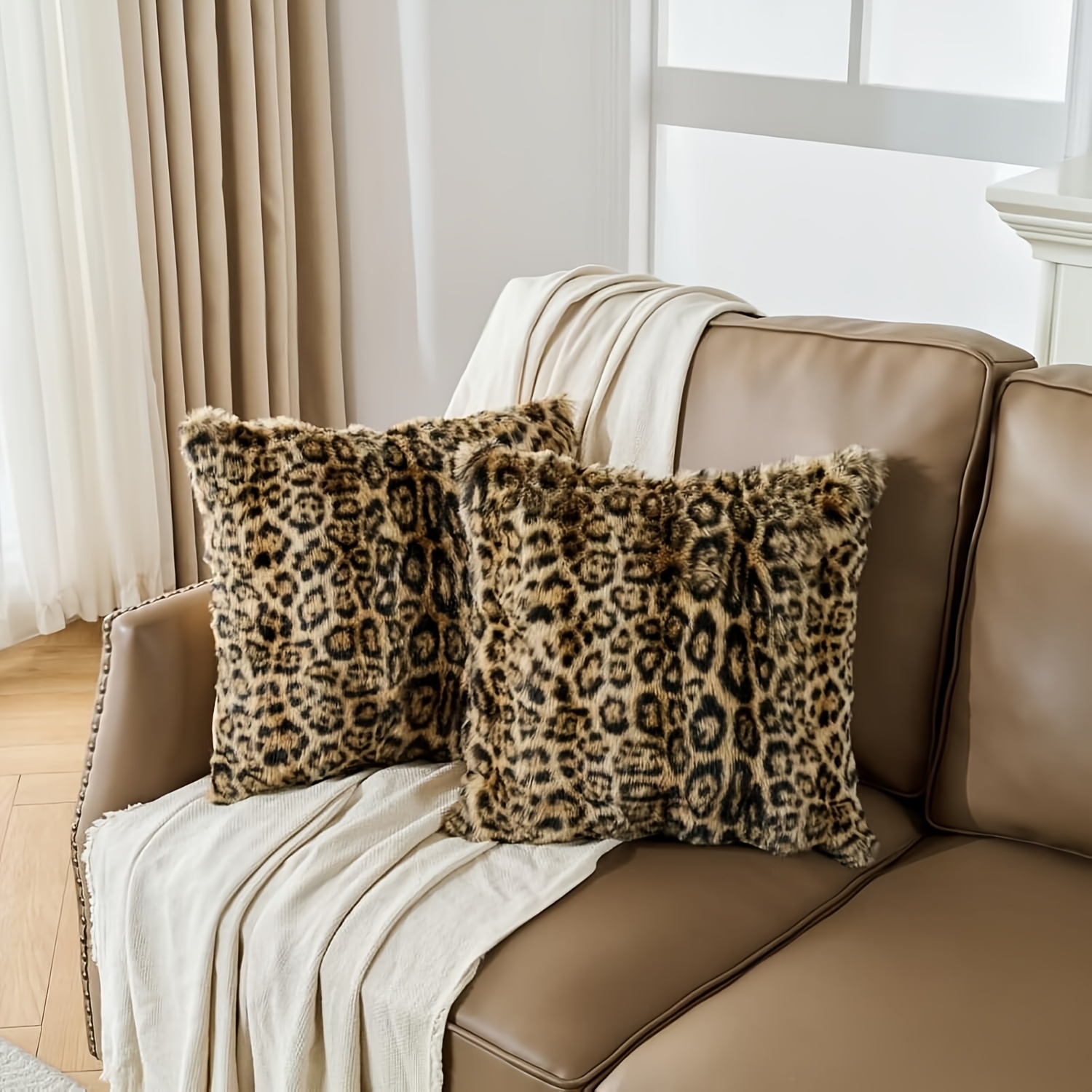 TEMU Faux Fur Leopard Print Pillow Cover Set Of 2, Luxury Animal Leopard Single-sided Cushion Cover, Decorative Throw Pillow Cover For Sofa Couch